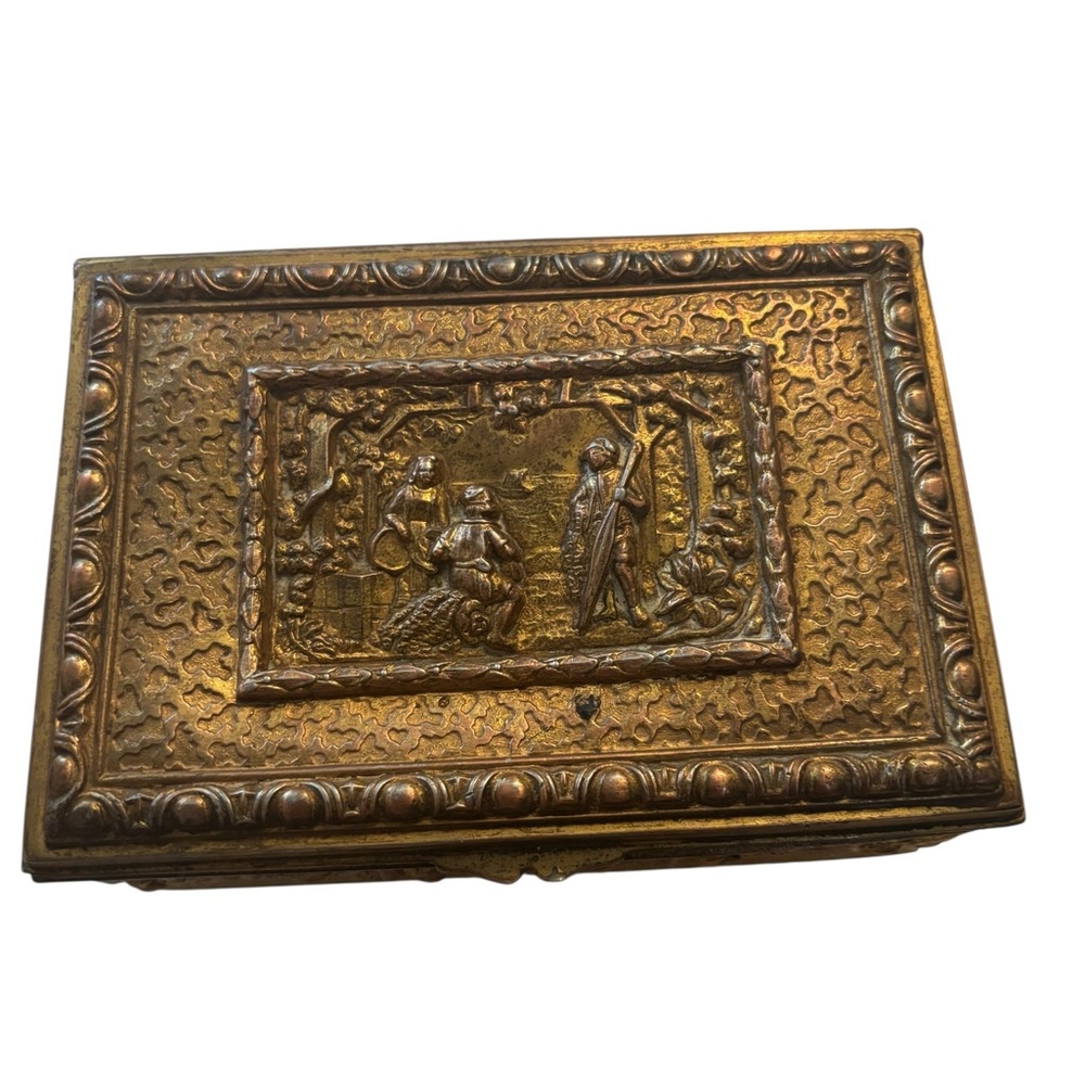 Antique Jennings Brothers (JB) repoussé footed jewelry or trinket box.
